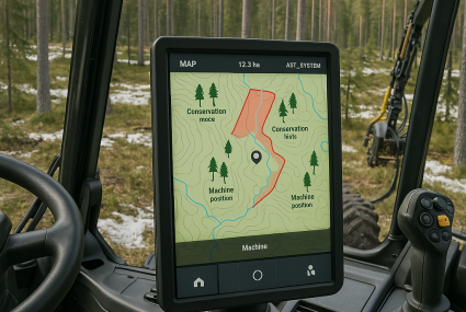 metsäkoneen ohjaamo ja näyttöruutu