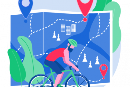 piirretty kuva pyöräilijästä ja kartasta